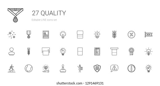 quality icons set. Collection of quality with risk, medal, charcoal, stamp, idea, tennis, promotion, toilet paper, checklist, wheat, rubber stamp. Editable and scalable quality icons.