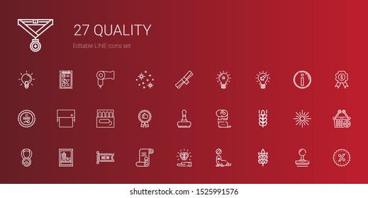 quality icons set. Collection of quality with wheat, seal, idea, degree, new, stamp, medal, toilet paper, recommended, tampon, promotions. Editable and scalable quality icons.
