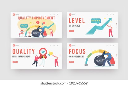 Quality Improvement Landing Page Template Set. Tiny Businessman Character Pull Huge Lever Arm to Increase Level, Satisfied Customer Top Evaluation Rate, Efficiency. Cartoon People Vector Illustration