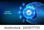 Quality. ISO standards quality control assurance warranty. ISO standardization certification business concept. Quality icon inside glowing sphere in wireframe hand. Vector illustration.
