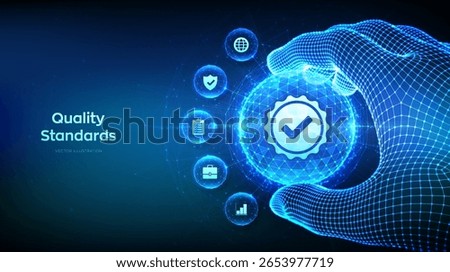 Quality. ISO standards quality control assurance warranty. ISO standardization certification business concept. Quality icon inside glowing sphere in wireframe hand. Vector illustration.