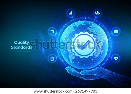 Quality. ISO standards, quality control, assurance, warranty. ISO certification and standardization concept. World map with point-line composition. Earth globe in wireframe hand. Vector illustration.