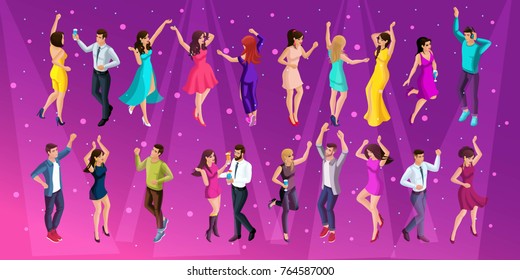 Quality Isometrics, a 3D girl of a man at a party, a corporate party, dancing in a club, young beautiful people dancing.