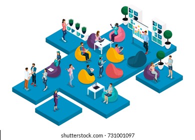 Quality Isometrics, the concept of coworking center, training, work, freelancing for designers, programmers, copywriters. A set of compositions for advertising.