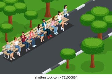 Quality isometrics, the concept of recreation of young people in the park, with laptops with tablets from the phone, remote work. Create your advertising concept.