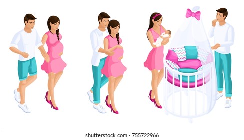 Quality Isometrics, a romantic set of couples during pregnancy, the birth of a child, a beautiful baby cot with parents.