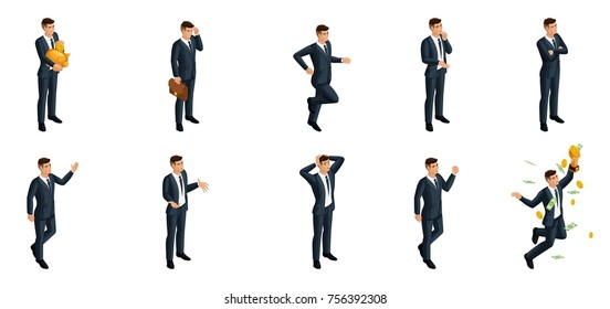 Quality Isometrics, a set of 3d business man with different emotions and gestures for use in different situations in vector illustrations