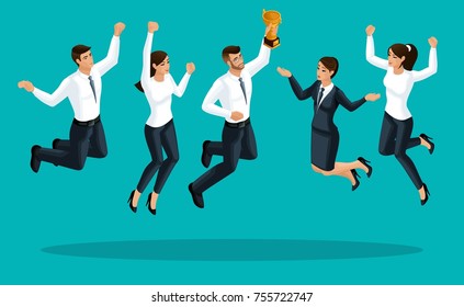 Quality Isometry, 3d business ladies and businessmen are happy and jumping, the prize is received by the united team is happy, a successful startup.