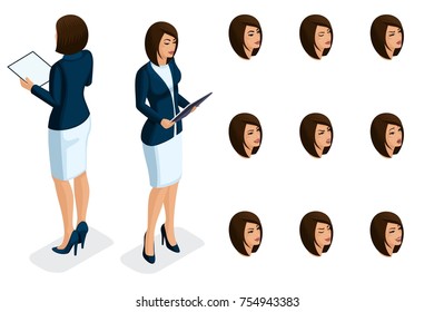 Quality Isometry, a 3D business lady, in strict stylish clothes with a folder in her hands. Character, a girl with a set of emotions to create high-quality illustrations.