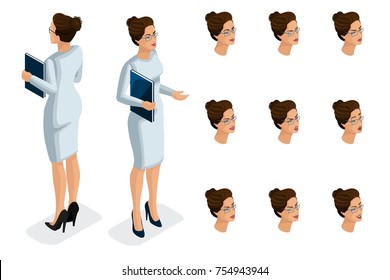 Quality Isometry, 3D business lady, in a stylish dress. Character, a girl with a set of emotions for creating quality vector illustrations.