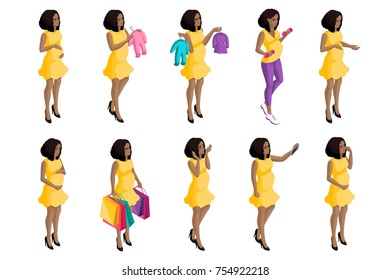 Quality Isometry, 3D pregnant African American girl, a large set of pregnant women for vector illustrations, preparing for the birth of a child.