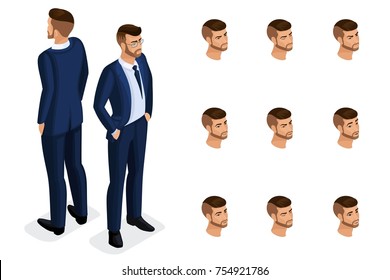 Quality Isometry, 3D is a solid businessman, in a stylish and beautiful suit. Character with a set of emotions for creating quality vector illustrations.