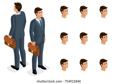 Quality Isometry, 3D is a solid businessman with a briefcase, in a stylish and beautiful suit. Character with a set of emotions for creating quality vector illustrations.