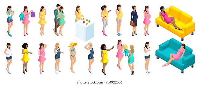 Quality Isometry, a large set of 3D girls pregnant, goes in for sports, eats properly, cares, buys things, walks.