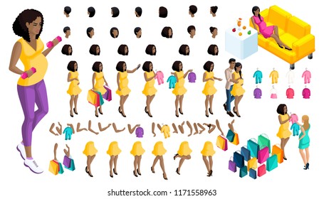 Quality Isometry pregnant African American girl. hairstyles and emotions of a girl. Set of hands and feet in motion. Set of babies and clothes, create your own character.