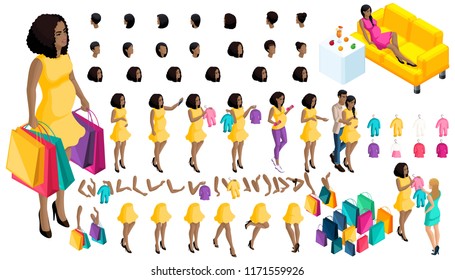 Quality Isometry pregnant African American girl. of hairstyles and emotions of a girl. Set of hands and feet in motion. Set of babies and clothes, create your own character.