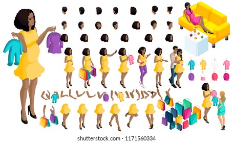 Quality Isometry pregnant African American girl. hairstyles and emotions of a girl. Set of hands and feet in motion. Set of babies and clothes, create your own character.