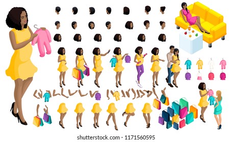 Quality Isometry pregnant African American girl. of hairstyles and emotions of a girl. Set of hands and feet in motion. Set of babies and clothes, create your own character.