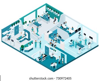 Quality Isometry, the process of the hospital, detailed characters and medical equipment. Concept for advertising and presentations.