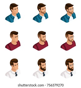 Quality Isometry, a set of 3D avatars of young men, different images, with emotions, with a beard and glasses, emphasize your individuality.