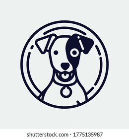 Quality jack russell terrier dog vector monoweight stroke linear round shaped design element, badge, insignia or label. Dog popping out of round shaped window. Portrait of a dog in circle shaped frame