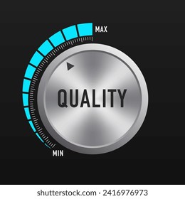 Quality level management button. The concept of quality improvement. Metallic round button. Skill Level Training, Skills Enhancement and Professional Development. Vector illustration