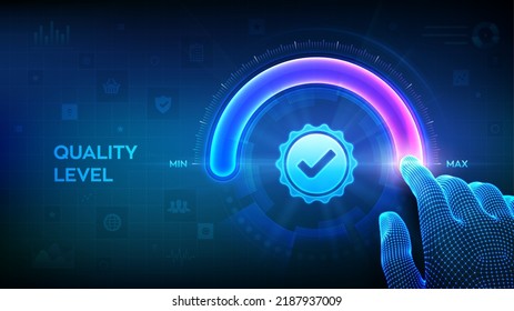 Quality levels growth. Wireframe hand is pulling up to the maximum position circle progress bar with the quality icon. Quality improvement assurance certification service concept. Vector illustration.