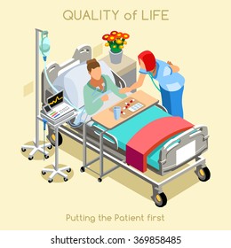 Quality Of Life Clinic Room Day Hospital Medical Elder Elderly Patient Health Home Care. Patient Bed Doctor Or Nurse. Clinic Room Medical Hospital Isometric Hero People Quality Medicine Vector Images