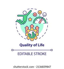 Quality Of Life Concept Icon. Comfortable City. Principles Of Urban Design Abstract Idea Thin Line Illustration. Isolated Outline Drawing. Editable Stroke. Arial, Myriad Pro-Bold Fonts Used
