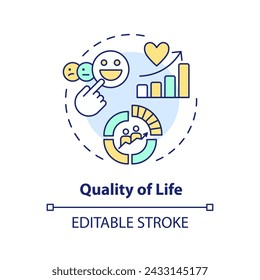 Icono de concepto multicolor de calidad de vida. Estadísticas demográficas. Métricas de felicidad geopolíticas. Ilustración de línea de forma redonda. Idea abstracta. Diseño gráfico. Fácil de usar en folleto, folleto