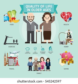 Quality Of Life In Older Ages. Senior Man And Woman Activities. Senior Citizen. Info-graphic Inspire To Drive Your Business Project. Vector Illustration. 