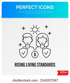 Quality of life. Rising living standards thin line icon. Rising of income. People are protected by shield. Overconsumption problem. Vector illustration.