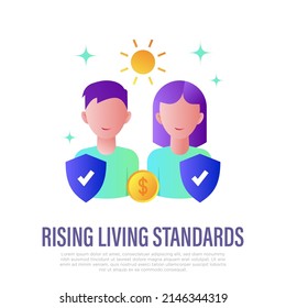 Quality of life. Rising living standards flat gradient icon. Rising of income. People are protected by shield. Overconsumption problem. Vector illustration.