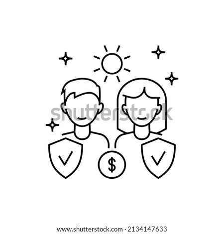 Quality of life. Rising living standards thin line icon. Rising of income. People are protected by shield. Overconsumption problem. Vector illustration.