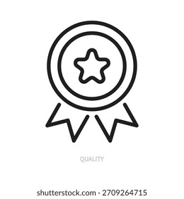 Icono de línea de calidad. Recompensa, trofeo, insignia, premio, cinta, signo de medalla. Símbolo negro. Éxito, concepto de victoria. Ilustración vectorial. Trazo editable. Diseño plano. Aislado en un fondo blanco.