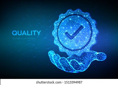 Quality. Low polygonal Quality icon check in hand. Standard Quality Control Certification Assurance. Guarantee, premium choice, good product, choose warranty concept. Vector illustration.