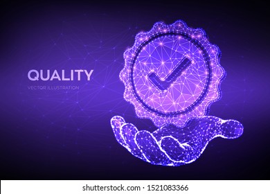 Quality. Low polygonal Quality icon check in hand. Standard Quality Control Certification Assurance. Guarantee, premium choice, good product, choose warranty concept. Vector illustration.