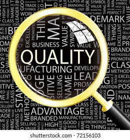QUALITY. Magnifying glass over background with different association terms. Vector illustration.