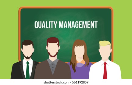 quality management concept in a team illustration with text written on chalkboard 