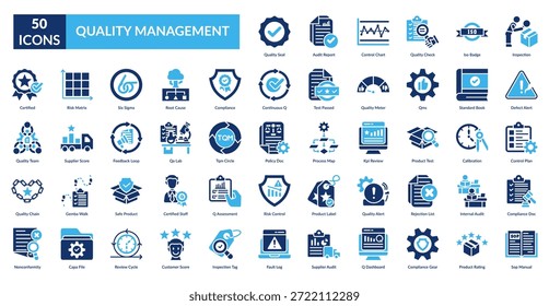 Conjunto de Ícones de Preenchimento de Gerenciamento de Qualidade. Selo De Qualidade, Relatório De Auditoria, Gráfico De Controle, Verificação De Qualidade, Crachá Iso, Inspeção, Alerta De Defeito