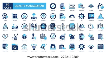 Quality Management Fill Icon Set. Quality Seal, Audit Report, Control Chart, Quality Check, Iso Badge, Inspection, Defect Alert