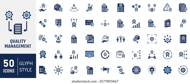 Quality management flat icon set. Containing assurance, product, service, improvement, achieve, planning, customer icon. Vector illustration