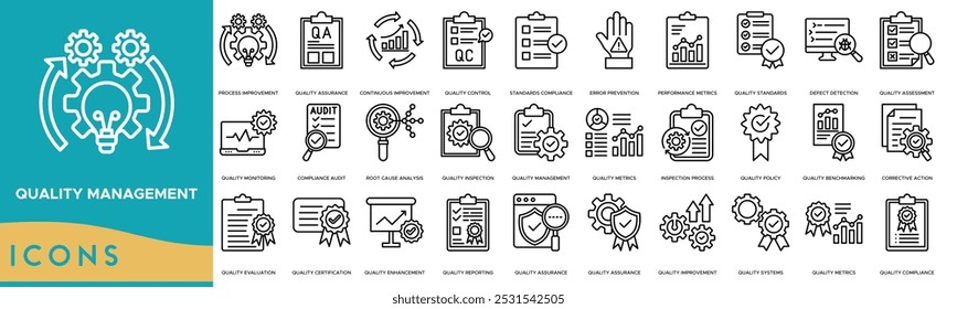 Quality Management icon. Process Improvement, Quality Assurance, Continuous Improvement, Quality Control and Standards Compliance