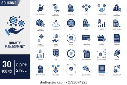 Quality management icon set. Containing product, improvement, achieve, planning, assurance, customer and more. Vector illustration
