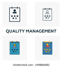 Quality Management icon set. Four elements in diferent styles from human resources icons collection. Creative quality management icons filled, outline, colored and flat symbols.