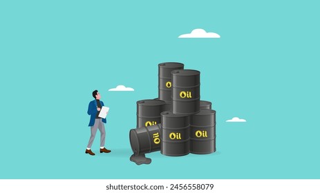 gestión de calidad en proyectos de petróleo y gas, empresario inteligente que comprueba los estándares de calidad en la pila de barriles de petróleo, Ilustración vectorial de concepto de control de calidad