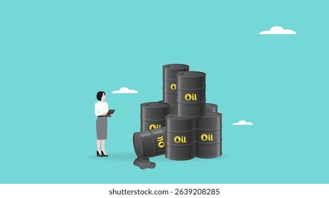 quality management in oil and gas projects, smart woman checking quality standards on stack of oil barrels, quality control concept vector illustration