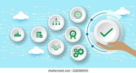 Quality management with (QA) Quality assurance, (QC)Quality control and improvement. Standardization and certification concept With icons. Cartoon Vector Illustration.