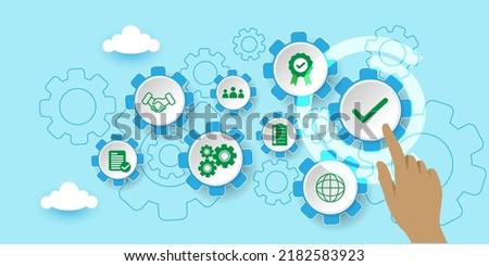 Quality management with (QA) Quality assurance, (QC)Quality control and improvement. Standardization and certification concept With icons. Cartoon Vector Illustration.