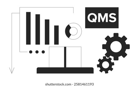 Quality management system with data visualization black and white 2D illustration concept. QMS, graphs, charts, gears and package outline composition isolated. Metaphor monochrome vector art